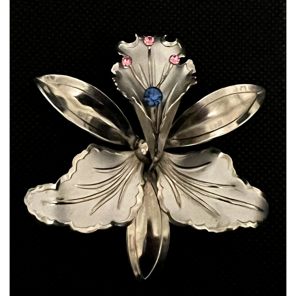 VTG Silver Orchid Iris Flower Brooch Pink Blue Stones Costume Pin 2.75" Floral